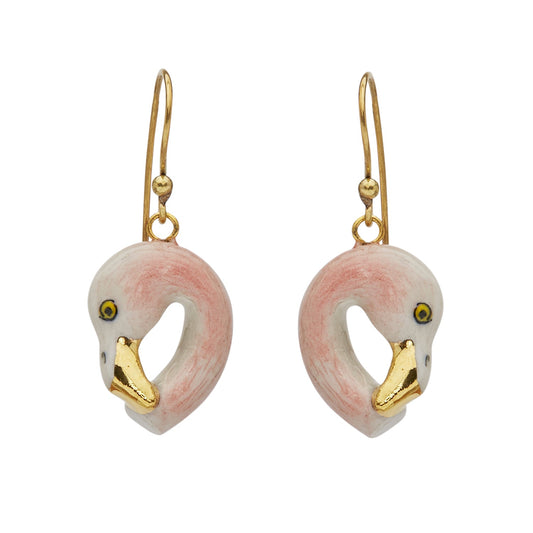 Boucles d'oreilles tête de flamant rose pastel et doré